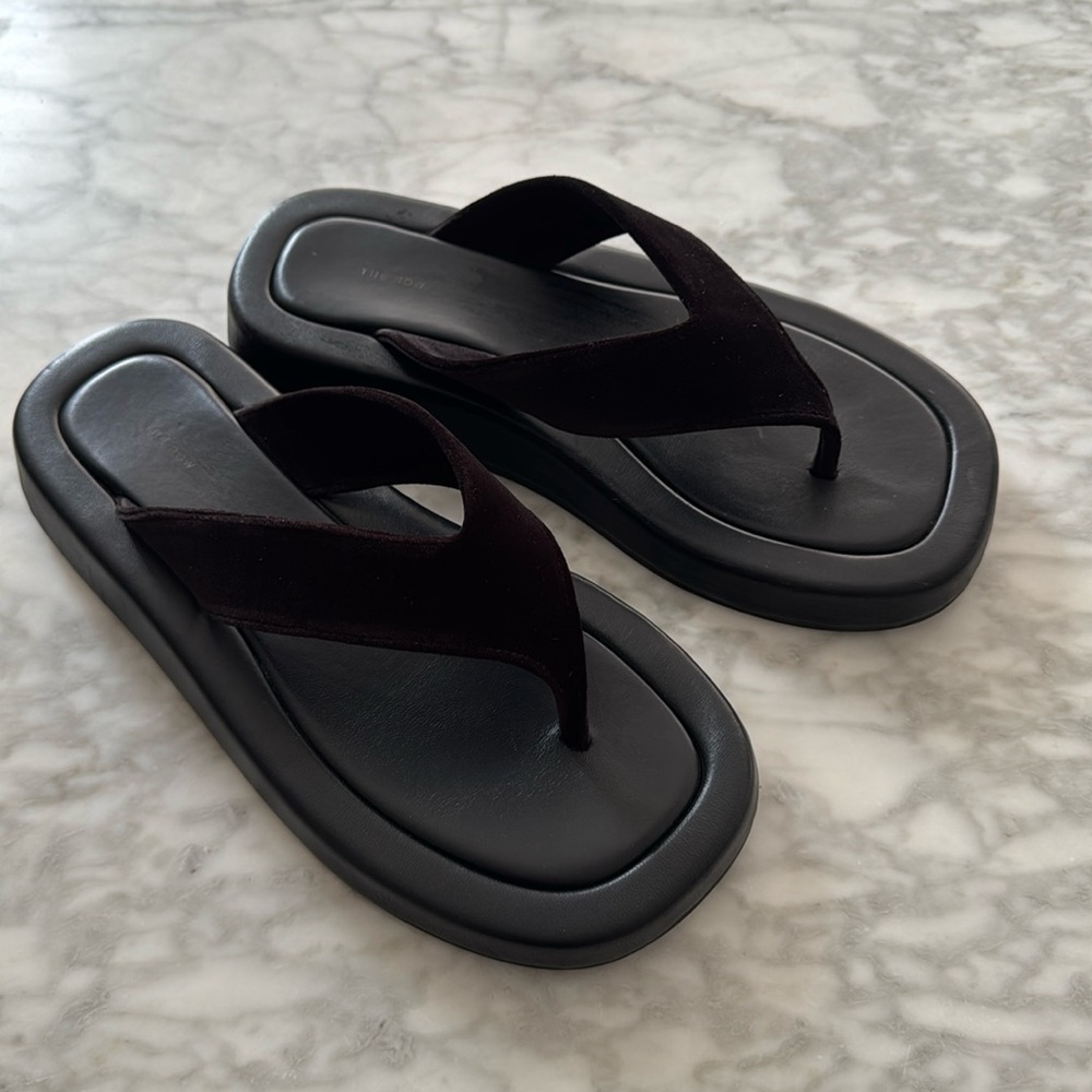 The Row Black Leather Platform Thong Sandals